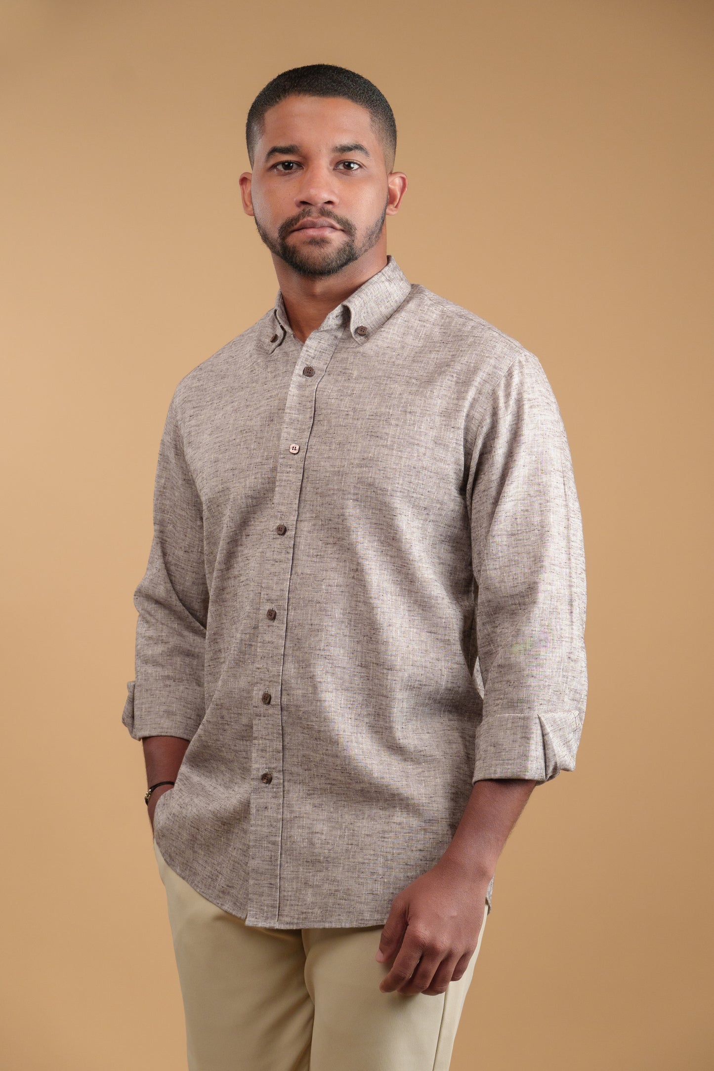 BROWN HEATHER LINEN-COTTON SHIRT