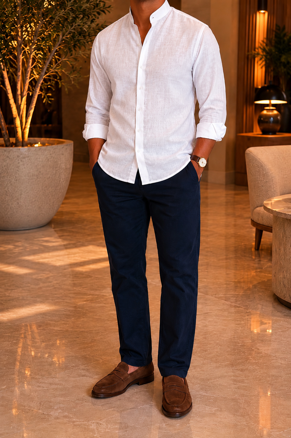 WHITE BAND COLLAR LINEN-COTTON SHIRT