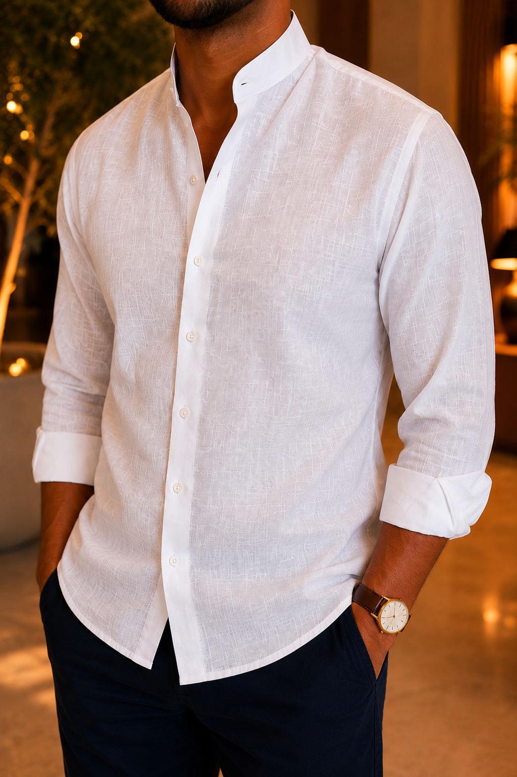 WHITE BAND COLLAR LINEN-COTTON SHIRT