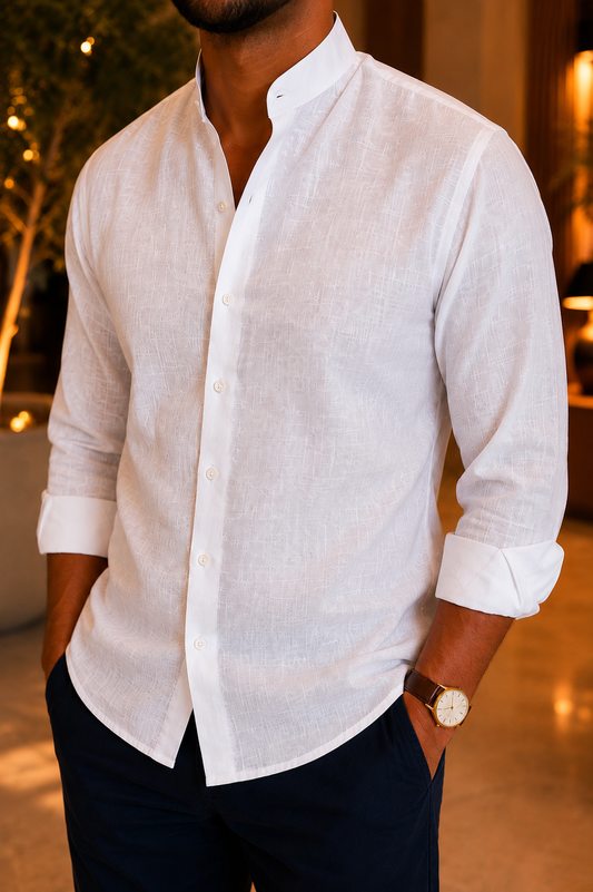 WHITE BAND COLLAR LINEN-COTTON SHIRT