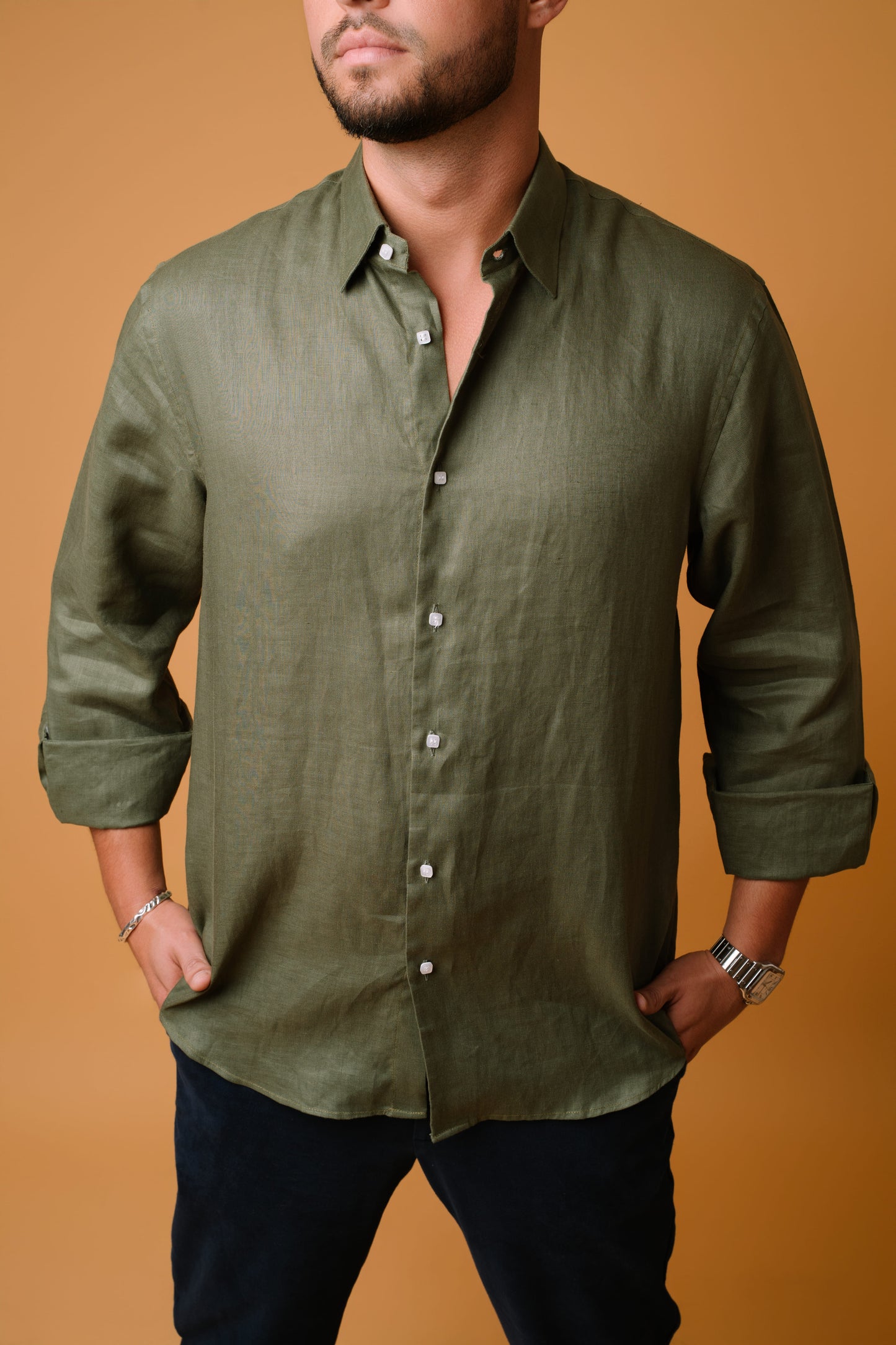 DARK GREEN 100% LINEN SHIRT